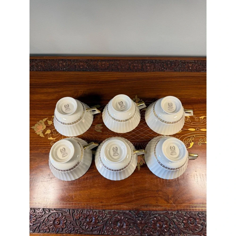 Vintage Lenox Cretan Tea Cups Set of 6 • Ivory Bone China w/ Gold Greek Key Trim